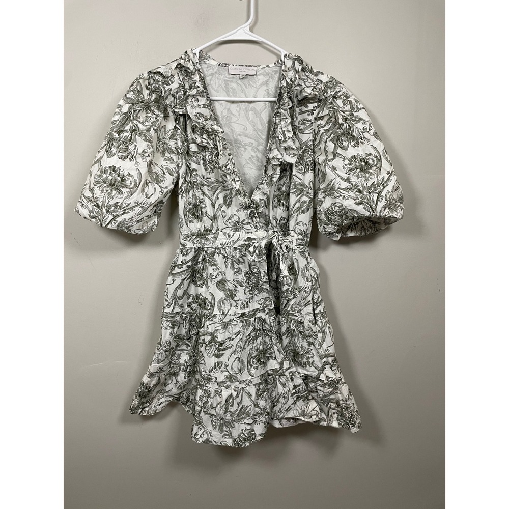 Caroline Constas Ruffled Wrap Side-Tie‎ Mini Dress in Ivory/Olive Floral Print
